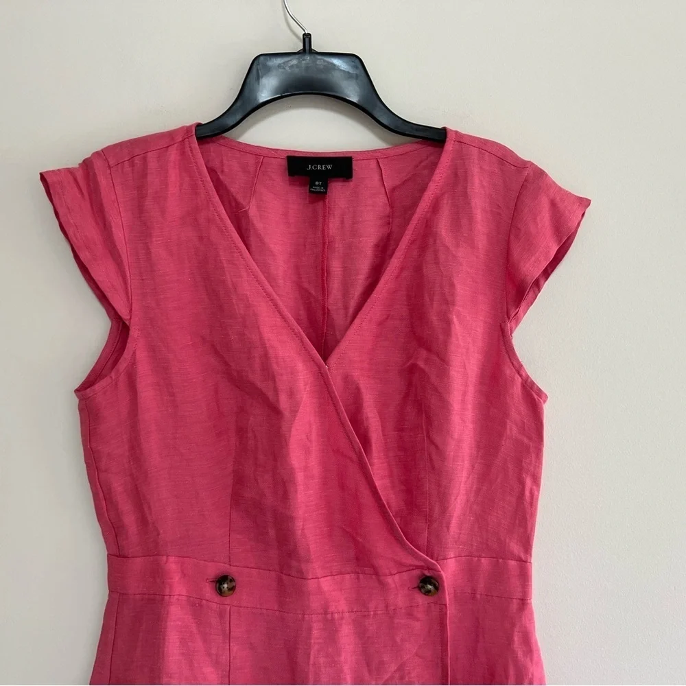 J. Crew Linen Cupro V-Neck Cap Sleeve Sheath Wrap Dress in Pink Coral, size 8T